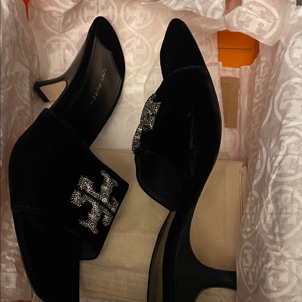 Tory Burch Black Velvet Heels with Silver Accents
